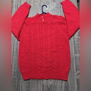 Red Cable-Twist Turtleneck Sweater with Button Detail